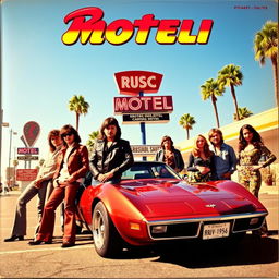 A 1970s rock album cover featuring a diverse group of musicians, both men and women, standing confidently in front of a classic sports car