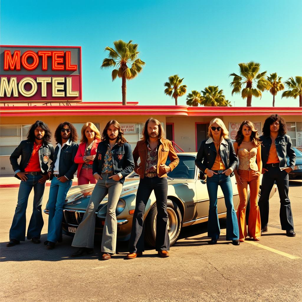 A 1970s rock album cover featuring a diverse group of musicians, both men and women, standing confidently in front of a classic sports car