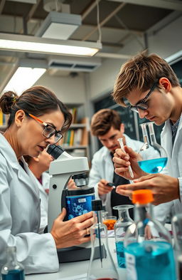 An intricate laboratory scene featuring a diverse group of scientists engaged in various experiments
