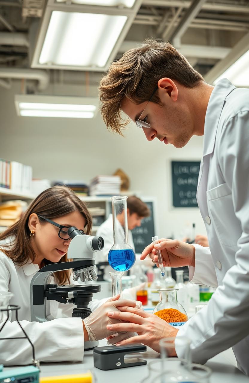 An intricate laboratory scene featuring a diverse group of scientists engaged in various experiments