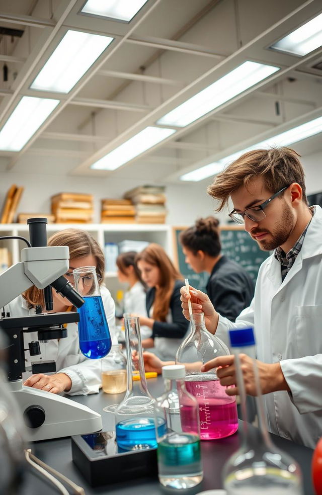 An intricate laboratory scene featuring a diverse group of scientists engaged in various experiments