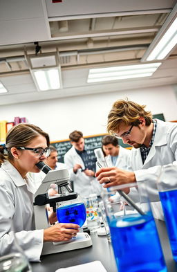 An intricate laboratory scene featuring a diverse group of scientists engaged in various experiments