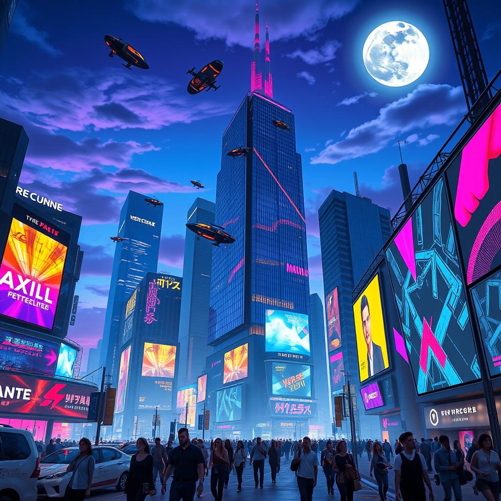 A mesmerizing, futuristic cityscape at twilight, with neon lights reflecting on glass skyscrapers