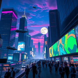 A mesmerizing, futuristic cityscape at twilight, with neon lights reflecting on glass skyscrapers