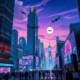A mesmerizing, futuristic cityscape at twilight, with neon lights reflecting on glass skyscrapers