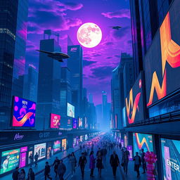 A mesmerizing, futuristic cityscape at twilight, with neon lights reflecting on glass skyscrapers