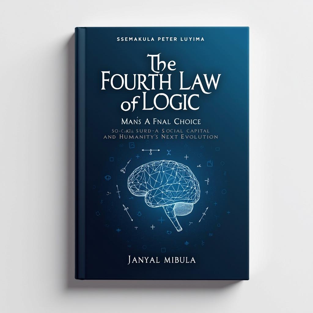 A scientifically-inspired book cover design for 'THE FOURTH LAW OF LOGIC: MAN’S FINAL CHOICE - SOCIAL CAPITAL AND HUMANITY’S NEXT EVOLUTION' by Ssemakula Peter Luyima