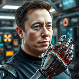 A portrait of Elon Musk in a futuristic setting, showcasing his distinctive features like his short dark hair and a confident expression