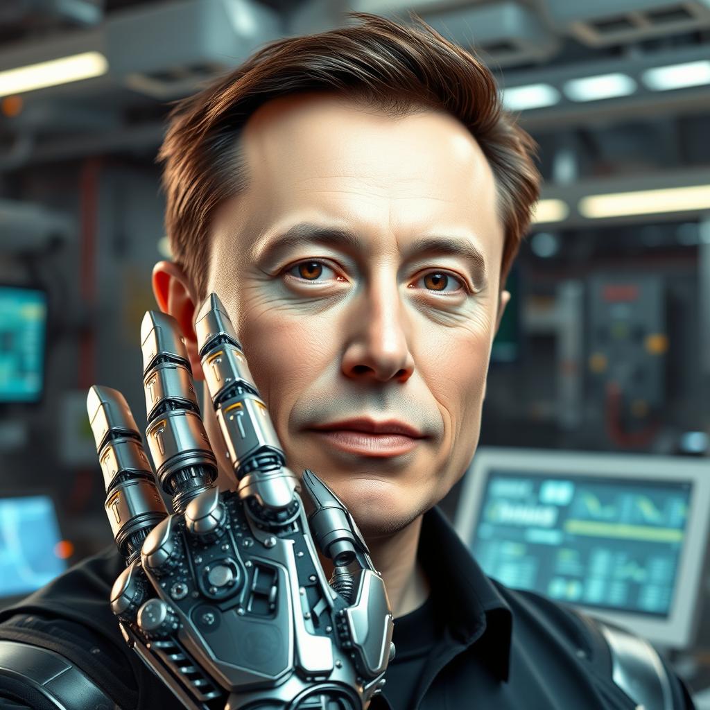 A portrait of Elon Musk in a futuristic setting, showcasing his distinctive features like his short dark hair and a confident expression