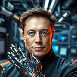 A portrait of Elon Musk in a futuristic setting, showcasing his distinctive features like his short dark hair and a confident expression