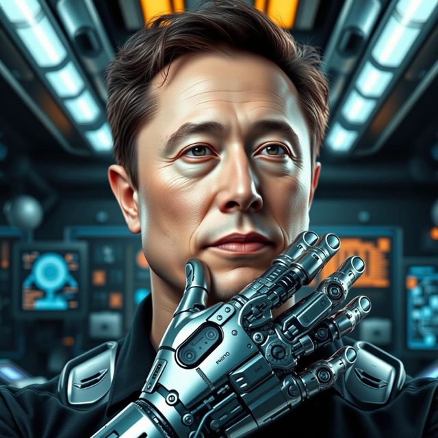 A portrait of Elon Musk in a futuristic setting, showcasing his distinctive features like his short dark hair and a confident expression