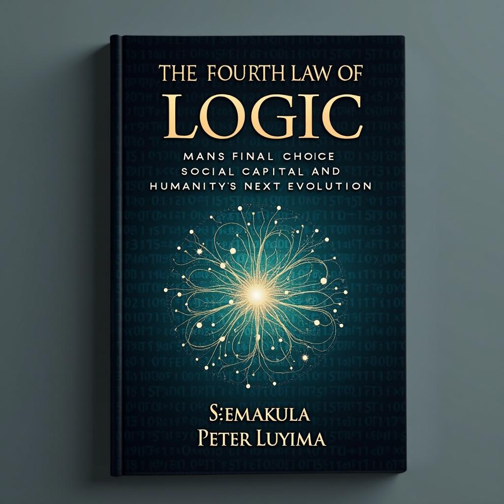 A sophisticated scientific book cover design for 'THE FOURTH LAW OF LOGIC: MAN’S FINAL CHOICE - SOCIAL CAPITAL AND HUMANITY’S NEXT EVOLUTION' by Ssemakula Peter Luyima