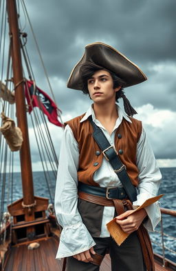 A young man dressed as a pirate, standing confidently on the deck of a grand ship