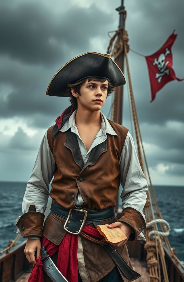 A young man dressed as a pirate, standing confidently on the deck of a grand ship