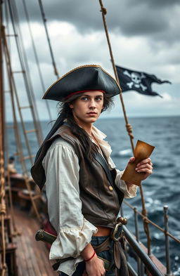 A young man dressed as a pirate, standing confidently on the deck of a grand ship