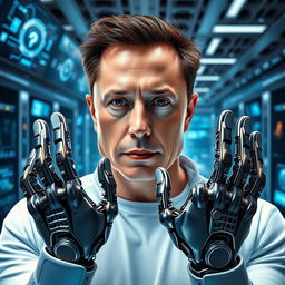 A futuristic portrait of Elon Musk, depicted with a sleek robotic right hand and left hand, showcasing advanced metallic design with intricate circuitry