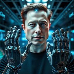 A futuristic portrait of Elon Musk, depicted with a sleek robotic right hand and left hand, showcasing advanced metallic design with intricate circuitry