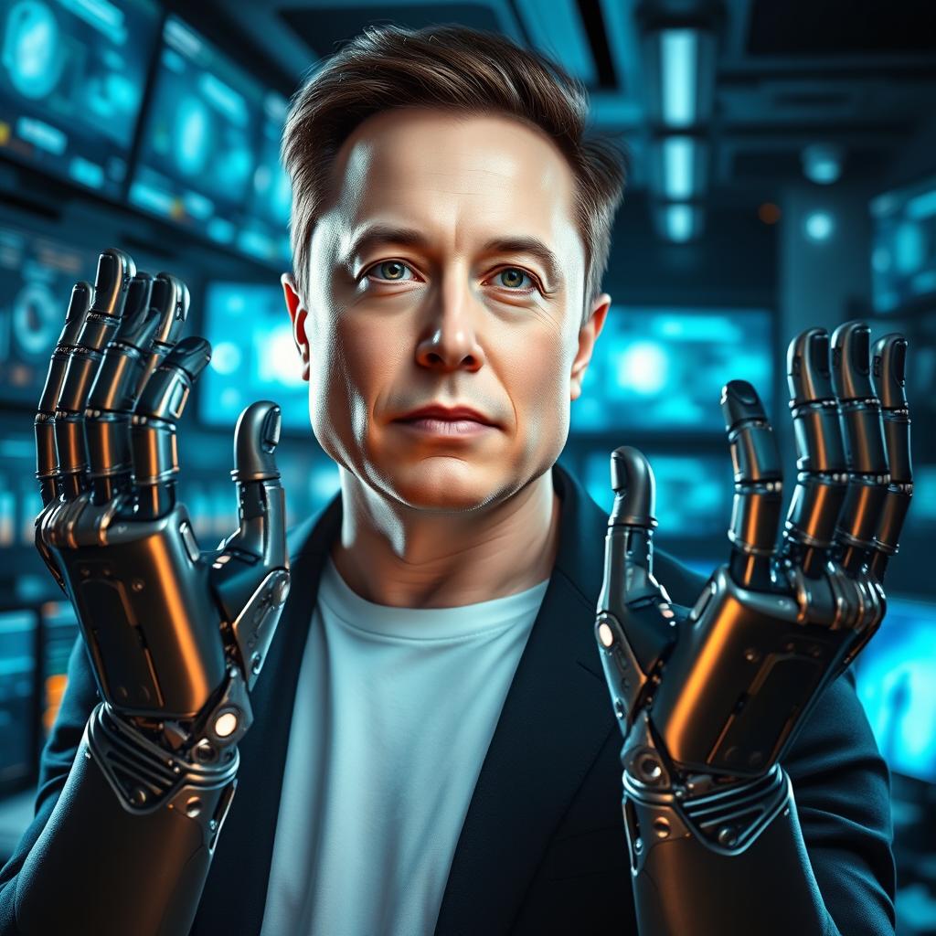 A futuristic portrait of Elon Musk, depicted with a sleek robotic right hand and left hand, showcasing advanced metallic design with intricate circuitry