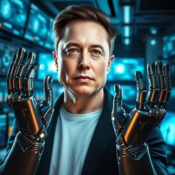 A futuristic portrait of Elon Musk, depicted with a sleek robotic right hand and left hand, showcasing advanced metallic design with intricate circuitry