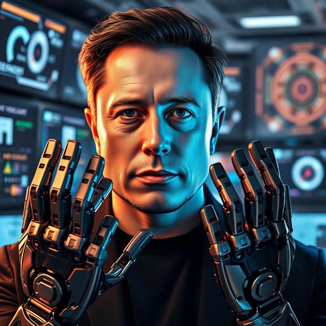 A futuristic portrait of Elon Musk, depicted with a sleek robotic right hand and left hand, showcasing advanced metallic design with intricate circuitry