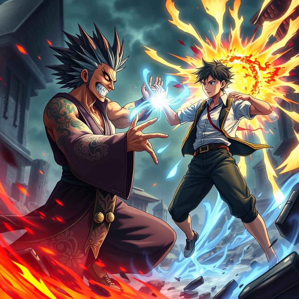 A dynamic action scene featuring a powerful sorcerer, Sukuna, facing off against a courageous student, Itadori