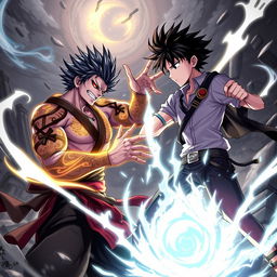 A dynamic action scene featuring a powerful sorcerer, Sukuna, facing off against a courageous student, Itadori