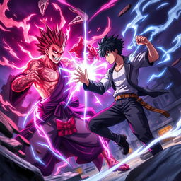 A dynamic action scene featuring a powerful sorcerer, Sukuna, facing off against a courageous student, Itadori