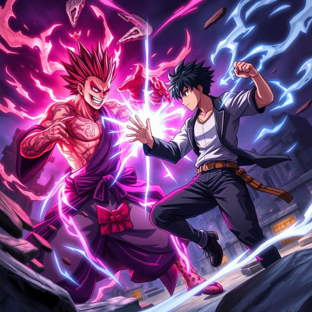 A dynamic action scene featuring a powerful sorcerer, Sukuna, facing off against a courageous student, Itadori