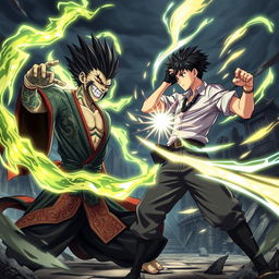 A dynamic action scene featuring a powerful sorcerer, Sukuna, facing off against a courageous student, Itadori