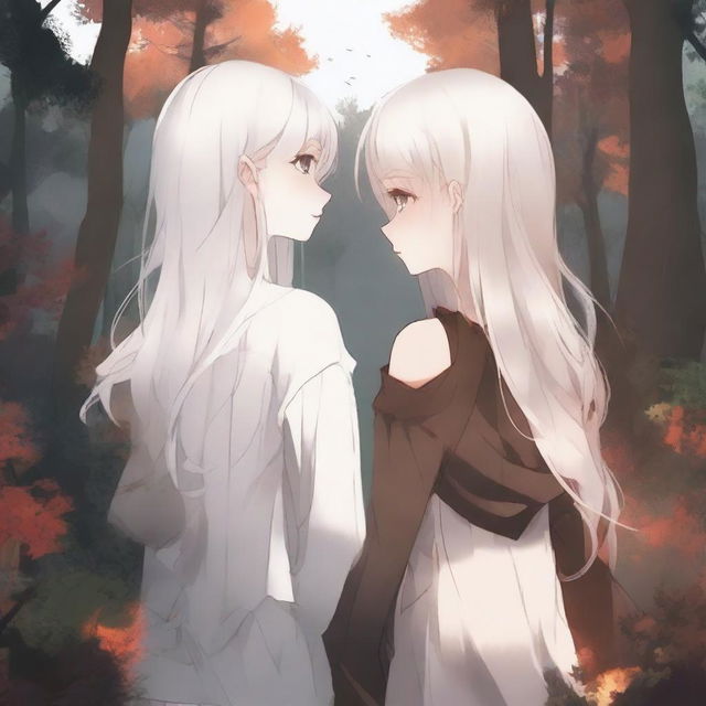 A high-quality digital art piece depicts two girls standing back to back