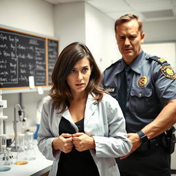 A brunette woman in a lab coat, with medium-length hair, looking surprised and slightly distressed while being arrested in a modern laboratory