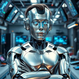 A futuristic, cybernetic version of Elon Musk, depicted as a humanoid robot