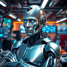 A futuristic, cybernetic version of Elon Musk, depicted as a humanoid robot