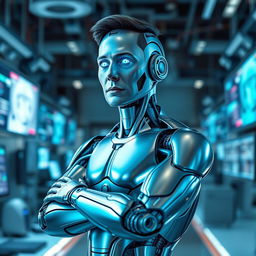 A futuristic, cybernetic version of Elon Musk, depicted as a humanoid robot