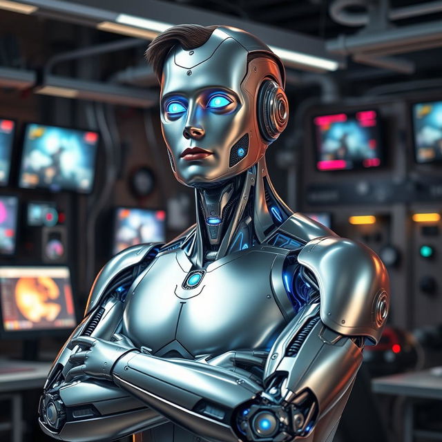 A futuristic, cybernetic version of Elon Musk, depicted as a humanoid robot