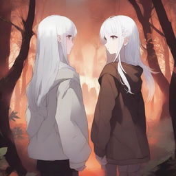 A high-quality digital art piece depicts two girls standing back to back