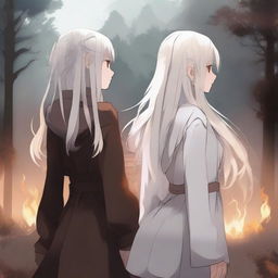 A high-quality digital art piece depicts two girls standing back to back