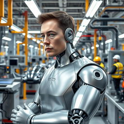 A highly detailed, futuristic scene of a robotic version of Elon Musk working in a Tesla factory, surrounded by advanced machinery and assembly lines