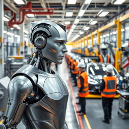 A highly detailed, futuristic scene of a robotic version of Elon Musk working in a Tesla factory, surrounded by advanced machinery and assembly lines