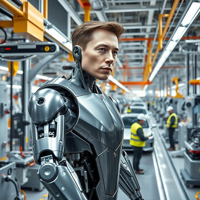 A highly detailed, futuristic scene of a robotic version of Elon Musk working in a Tesla factory, surrounded by advanced machinery and assembly lines