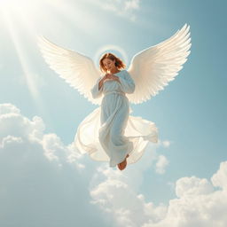 A majestic angel with large, pristine white wings, gracefully descending from the heavens