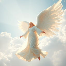 A majestic angel with large, pristine white wings, gracefully descending from the heavens