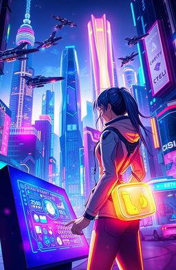 A vibrant and colorful digital art piece depicting a futuristic setting where a character is interacting with a bright, high-tech screen