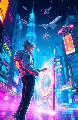A vibrant and colorful digital art piece depicting a futuristic setting where a character is interacting with a bright, high-tech screen