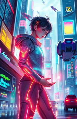 A vibrant and colorful digital art piece depicting a futuristic setting where a character is interacting with a bright, high-tech screen