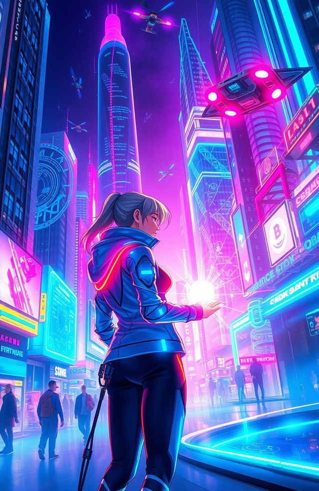 A vibrant and colorful digital art piece depicting a futuristic setting where a character is interacting with a bright, high-tech screen