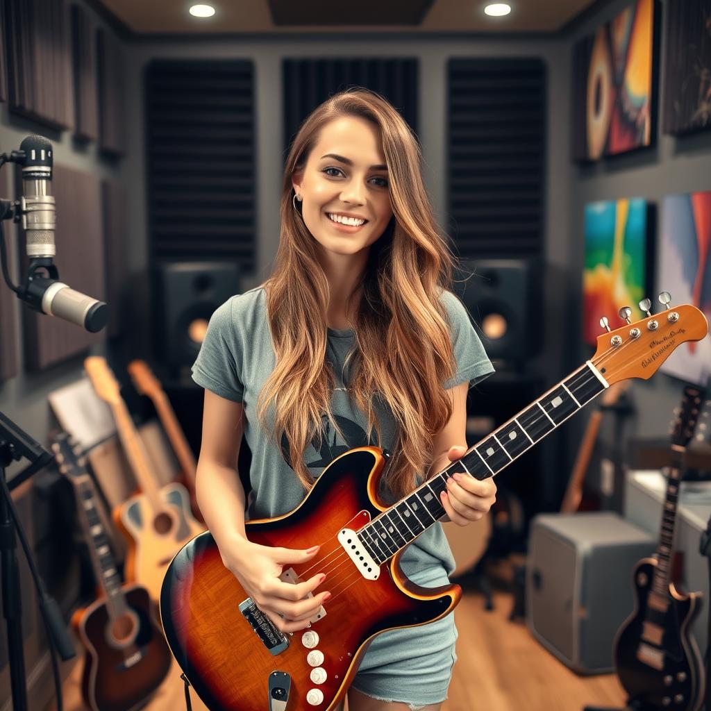 A beautiful woman in a modern recording studio, surrounded by professional sound equipment and acoustic panels