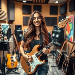 A beautiful woman in a modern recording studio, surrounded by professional sound equipment and acoustic panels
