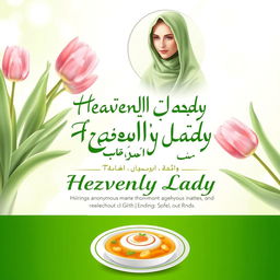 A spiritual and emotional religious poster for the display of "Heavenly Lady", featuring a serene background with artistic representations of flowers, especially tulips, symbolizing anonymous martyrs, and a modern depiction of Hazrat Zahra (SA)