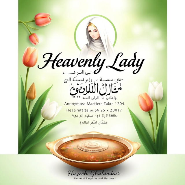 A spiritual and emotional religious poster for the display of "Heavenly Lady", featuring a serene background with artistic representations of flowers, especially tulips, symbolizing anonymous martyrs, and a modern depiction of Hazrat Zahra (SA)